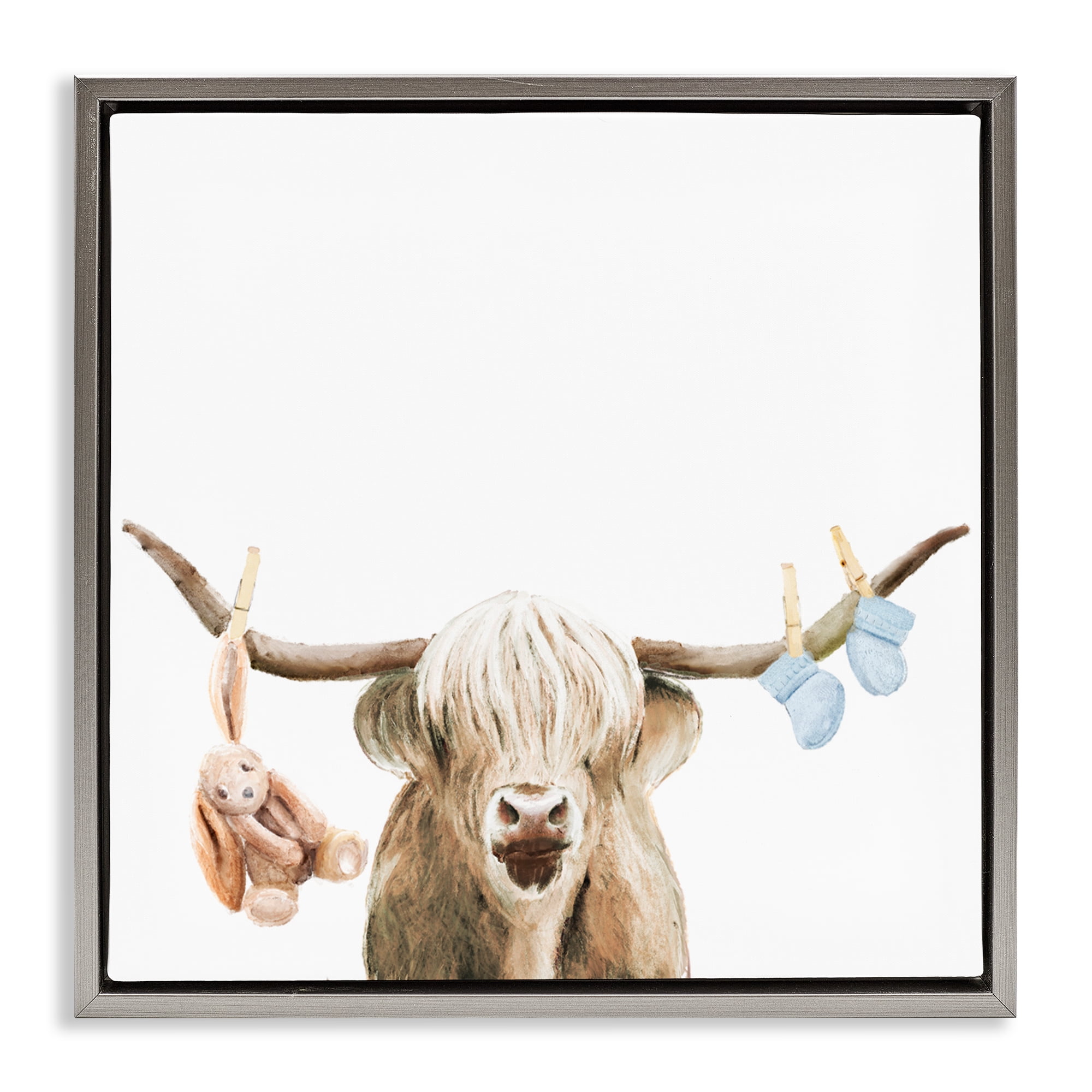 Highland Cow Baby Boy Gray Framed Floater Canvas Wall Art, design by Ali Lynne