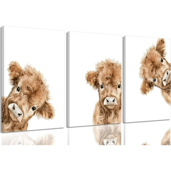 Highland Cow Baby Canvas Wall Hieng Brown Peeping Highland Cattle Wall Decor Pictures Cute and Funny Animals Paintings Posters Prints for Nursery Children's Room Bathroom Hiengwork Home Decoration