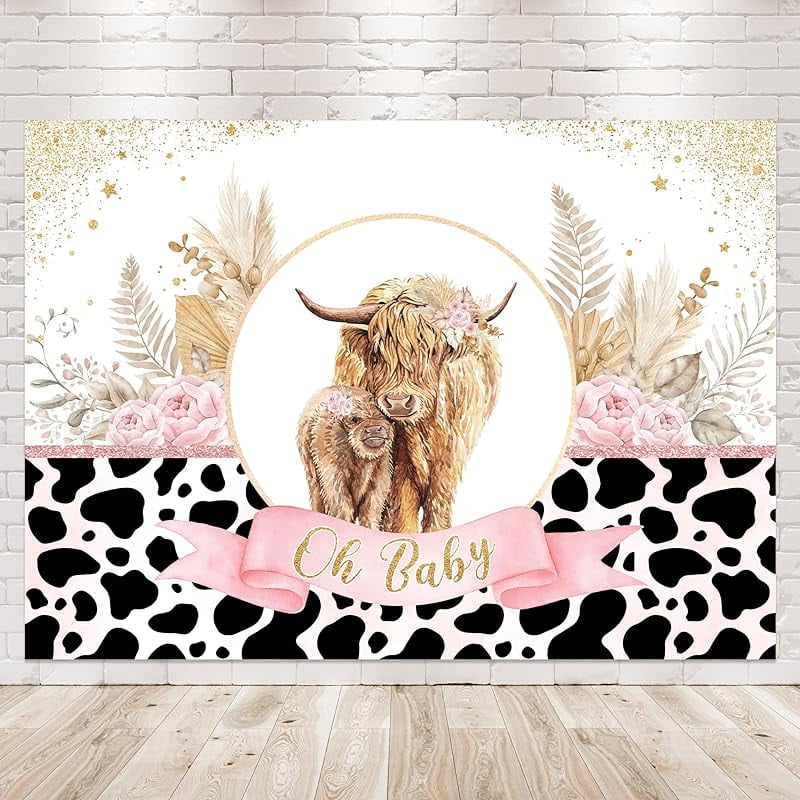 Cute Cow On The Track Farm Round Baby Shower Backdrop