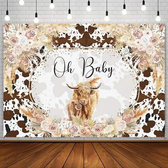 Highland Cow Baby Shower Backdrop Holy Cow Oh Baby Party Decorations for Boys Girls Pink Boho Floral Brown Highland Cattle Farm Photography Background Banner Photo Props