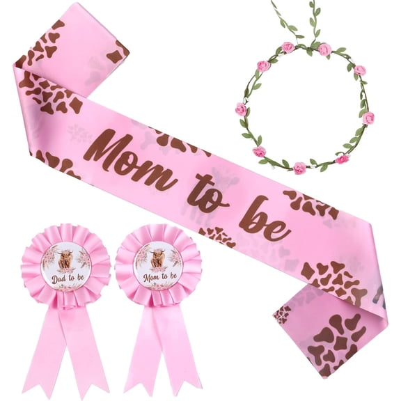 Highland Cow Baby Shower Decorations Girl, Pink Highland Cow Party Favors Include Mom Dad to Be Sash Pin Flower Crown Headband for Pink Highland Cow Gender Reveal Party Pregnancy Props