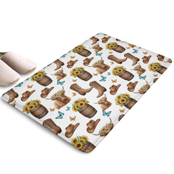 Highland Cow Barrel Boot Butterfly Flannel Non Slip Door Rugs,Washable Door Mats Indoor,Decorative Door Mats,Dirt-Resistant and Absorbent Doormat for Entrance,Bedroom,Kitchen,Bathroom,31.5"x17"
