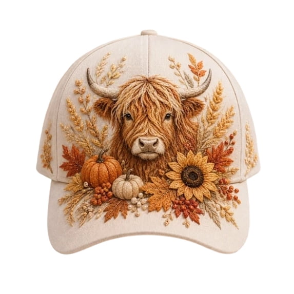 Highland Cow Baseball Cap Autumn Pumpkin Sunflower Wheat Printed Adjustable Peaked Cap For Outdoor Gardening Camping Travel Daily Wear(White-55~60cm)