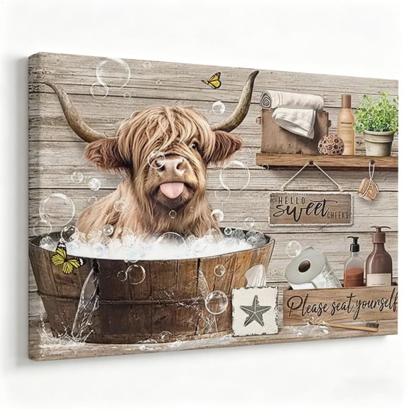 Highland Cow Bath Bubble Canvas Wall Art, Rustic Farmhouse Bathroom Decor, Hello Sweet Cheeks Quote Artwork For Powder Room, Laundry Room, Ready To Hang