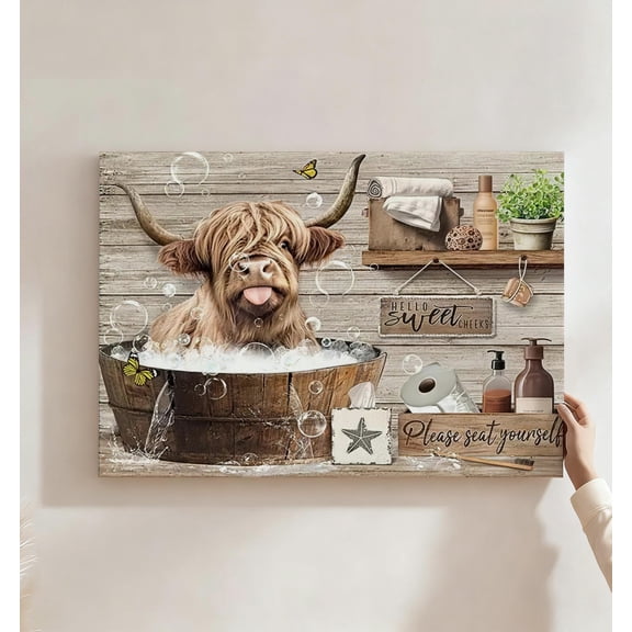 Highland Cow Bath Bubble Canvas Wall Art, Rustic Farmhouse Bathroom Decor, Hello Sweet Cheeks Quote Artwork For Powder Room, Laundry Room, Ready To Hang