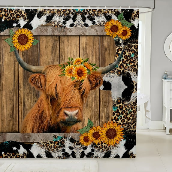 Highland Cow Bath Curtain,Sunflower Waterproof Bathroom Curtains Leopard Print Cowhide Shower Curtain