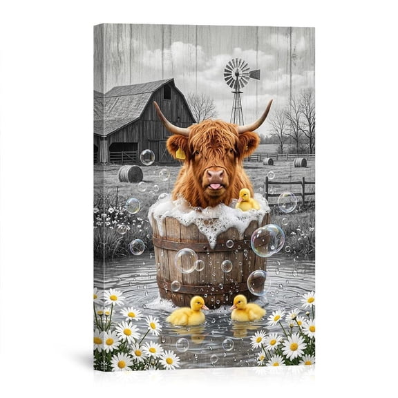 Highland Cow Bathing With Ducklings On Farm Rustic Farmhouse For Home Bathroom Canvas