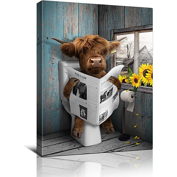 Highland Cow Bathroom Decor Funny Bathroom Wall Art Farmhouse Cow In The Toilet Picture Rustic Cow Bathroom Canvas Painting Home Wall Decor For Bathroom Framed Ready To Hang 12x16 Inch