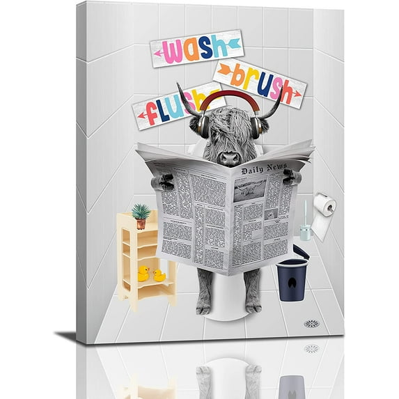 Highland Cow Bathroom Decor Funny Cow Toilet Bathroom Wall Art Black and White Wall Decor Longhorn Cattle Canvas Pictures Prints Painting Framed Modern Artwork Kids Bathroom Deocration 12x16in