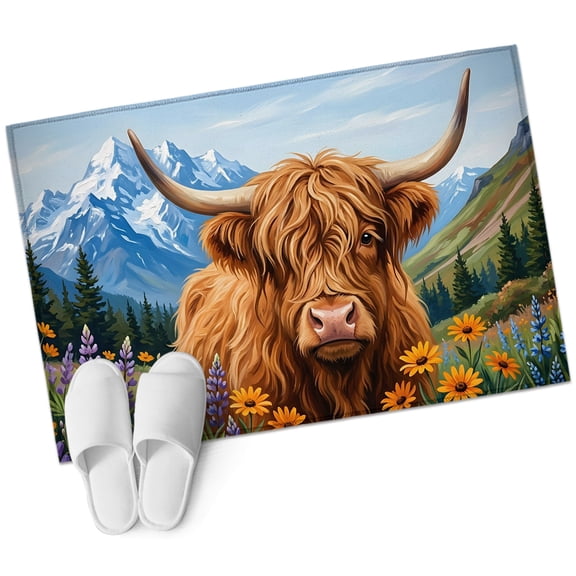 Highland Cow Bathroom Rug Washable 2x3 Entryway Rug Non Slip Farmhouse Animals Floral Mountains Front Door Mat Low Pile Indoor Doormat Throw Floor Carpet for Kitchen Bedroom Entrance