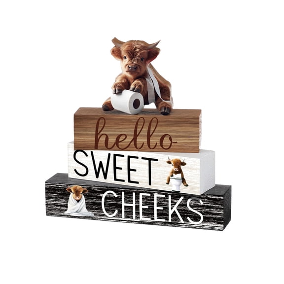 Highland Cow Bathroom Table Decor, Farmhouse Western “Hello Sweet Cheeks” Stacked Wood Sign with Cow Figurine, Rustic Bathroom Countertop Centerpiece for Home Office Shelf Toilet Decor