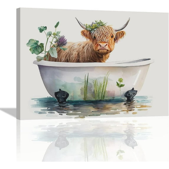 Highland Cow Bathroom Wall Art Longhorn Cow Bathtub Wall Decor Farmhouse Botanical Animals Bathroom Pictures Canvas Painting Print Modern Artwork Framed for Bathroom Restroom 12"x16"