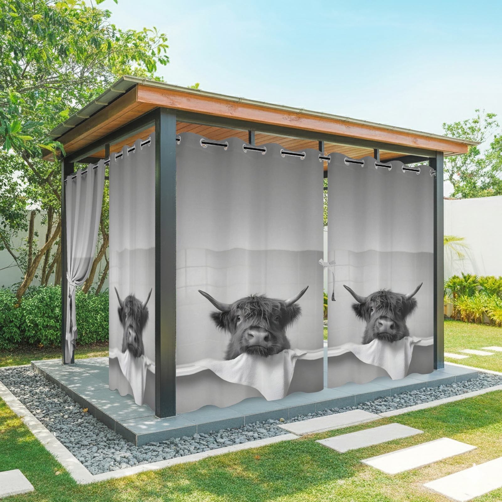 Highland Cow in The Bathtub Outdoor Curtains for Patio, Funny Animal Bathroom Sunshade Privacy Drapes Grommet Waterproof Outside Curtains for Porch/Cabana/Balcony 54"x 108", 1 Panel