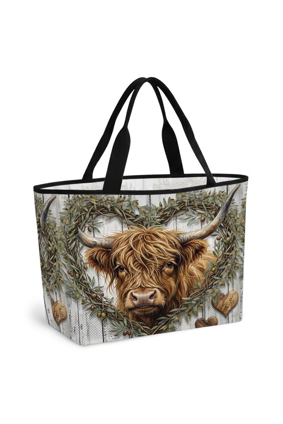 Highland Cow Beach Bag for Women, Large Breathable Mesh Beach Tote Bag, Grapes Leaves Wreath Vintage Wooden Grain Sandproof Lightweight Travel Bags for Vacation Picnic Swimming Pool 15.7"x15.7"x9.1"