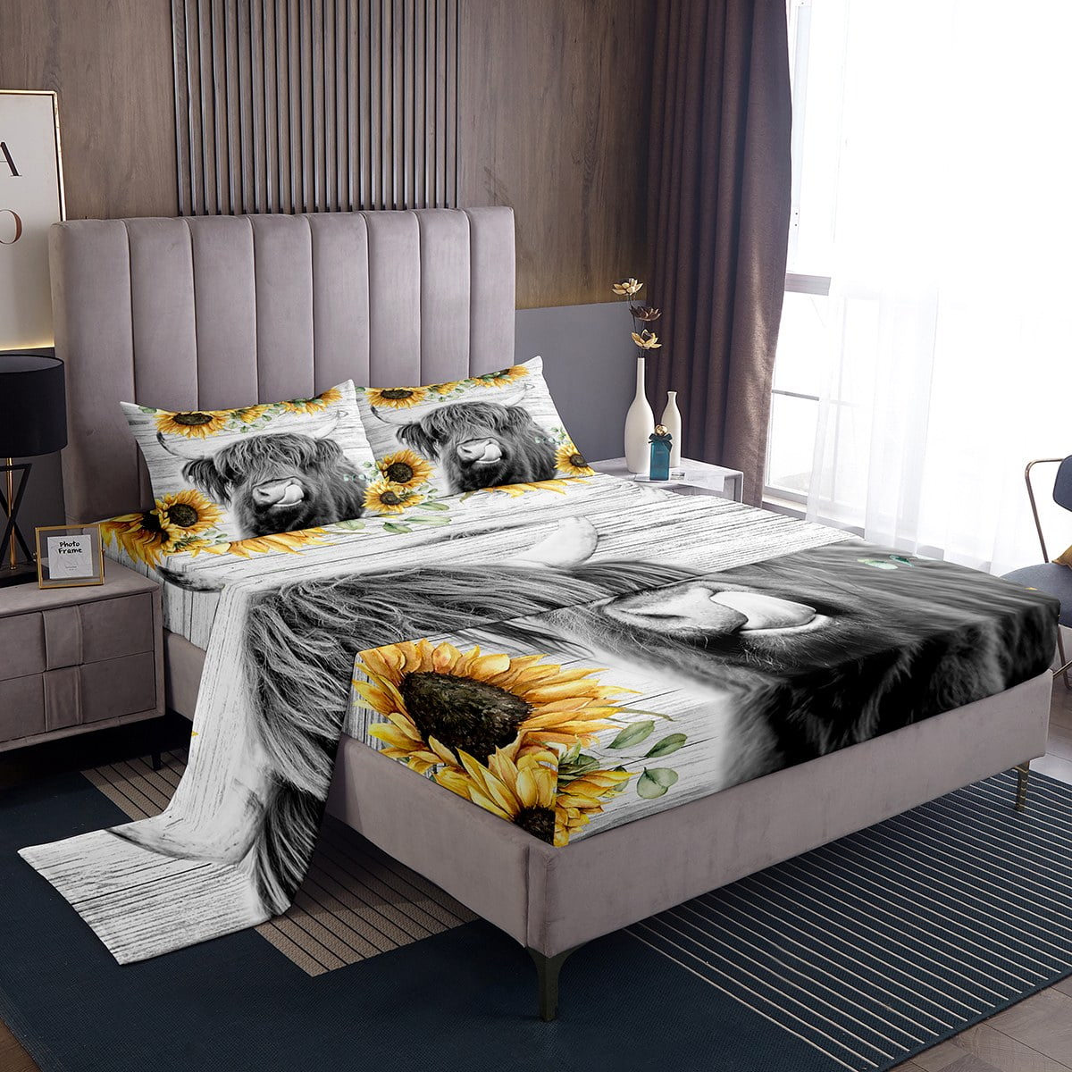 Highland Cow Bed Sheets Set Twin, Bull Cattle Sunflower Sheets For Kids