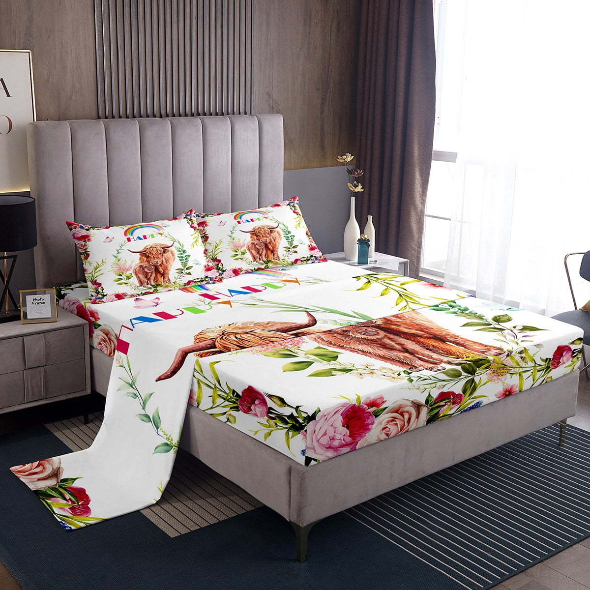 Highland Cow Bed Sheets for Girls Women,Longhorn Bull Cattle Sheet Set