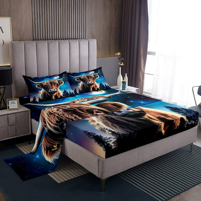 Highland Cow Bed&nbsp;Sheets&nbsp;Set Bull Cattle Queen Sheet&nbsp;Set for Girls,Farm Animals Sheets Farmhouse Wildlife Top&nbsp;Sheet,Galaxy Moon Western Decor