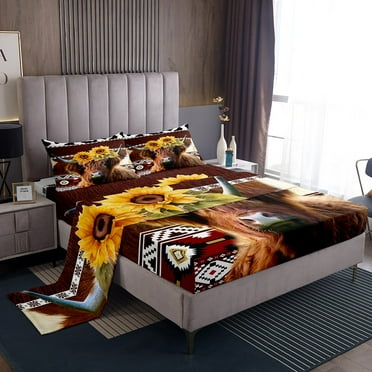 Highland Cow Bed&nbsp;Sheets&nbsp;Set Sunflower Sheet&nbsp;Set Full,Patchwork Cow Print Cowhide Sheets Geometry Aztec Bed Set Western Decor for Home