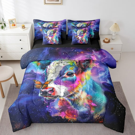 Highland Cow Bedding Comforter Sets 7pcs Farmhouse Wildlife Bed in a Bag Cartoon Animal Twin Bedding Sets Mystic Galaxy Nebula Comforter Set Rainbow Butterfly Bedding Sets & Collections