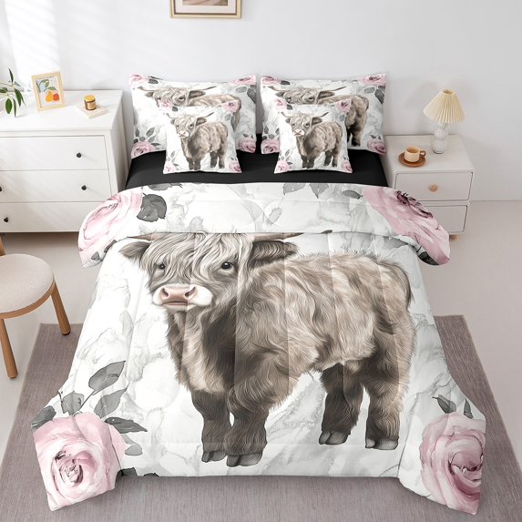 Highland Cow Bedding King Size 7Pcs,Rose Flowers Printed Microfiber Comforter Set,Florals Animals Adults Bedding Comforter Sets,White Pink Botanical Bed Sheets Set Bed in a Bag