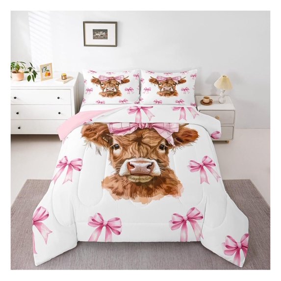 Highland Cow Bedding Set Boys Girls Full Size Highland Cattle Comforter Set for Kids Women Men Pink Bow Comforter Kawaii Animal Duvet Set Cute Quilt Set
