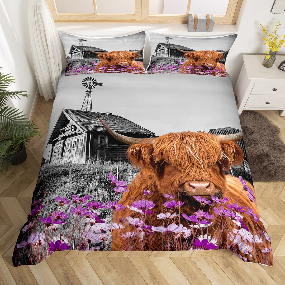 Highland Cow Bedding Set ,Garden Windmill Decor Comforter Cover Country ...