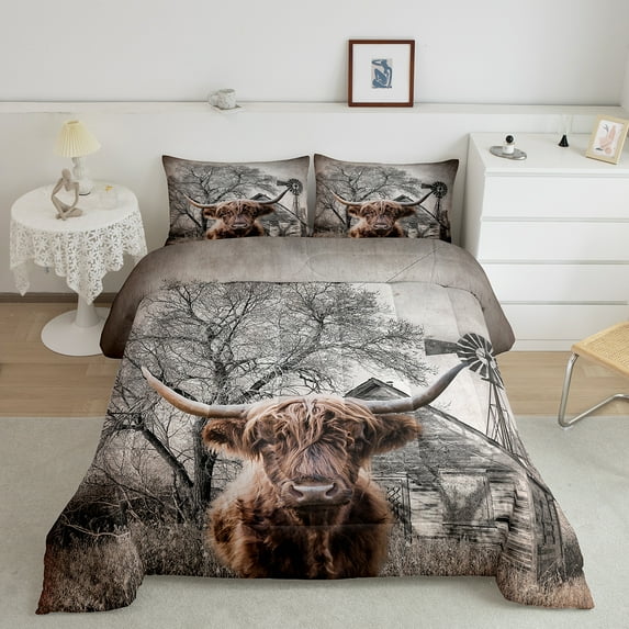 Highland Cow Bedding Set for Girls,Garden Windmill Decor Quilt Country Lodge Cabin Comforter Set Western Animal Farm House Cottage Twin Duvet Insert,Western Home Decor Rustic Farmhouse Decor