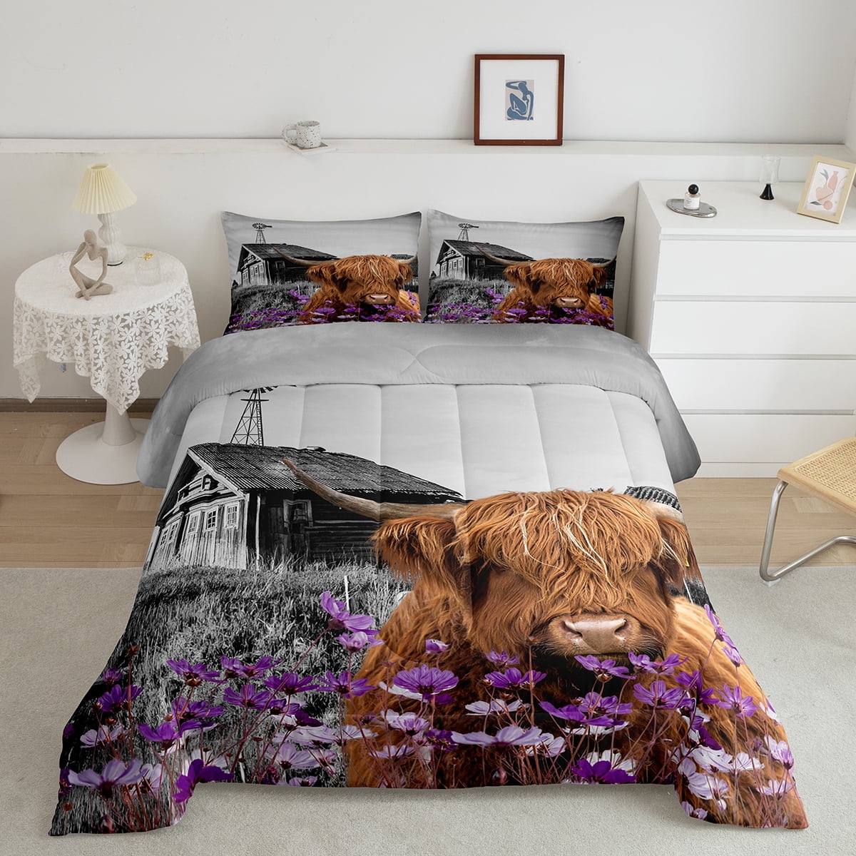 Highland Cow Bedding Set for Girls,Garden Windmill Decor Quilt Country