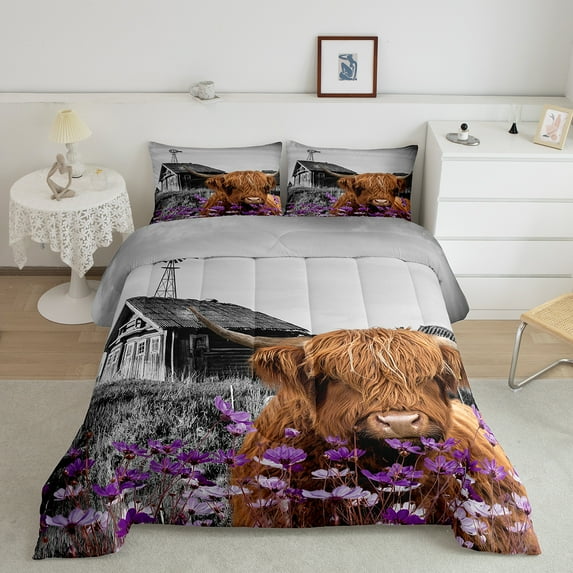 Highland Cow Bedding Set ,Garden Windmill Decor Quilt Country Lodge Cabin Comforter Set Western Animal Farm House Cottage Twin Duvet Insert,Flowers Rustic Home Decor Farmhouse Decor