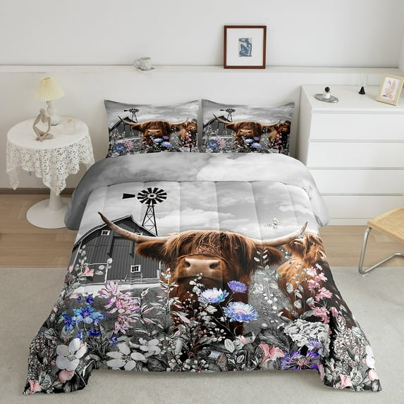 Highland Cow Bedding Set ,Garden Windmill Decor Quilt Country Lodge Cabin Comforter Set Western Animal Farm House Cottage Twin Duvet Insert,Flowers Rustic Home Decor Farmhouse Decor