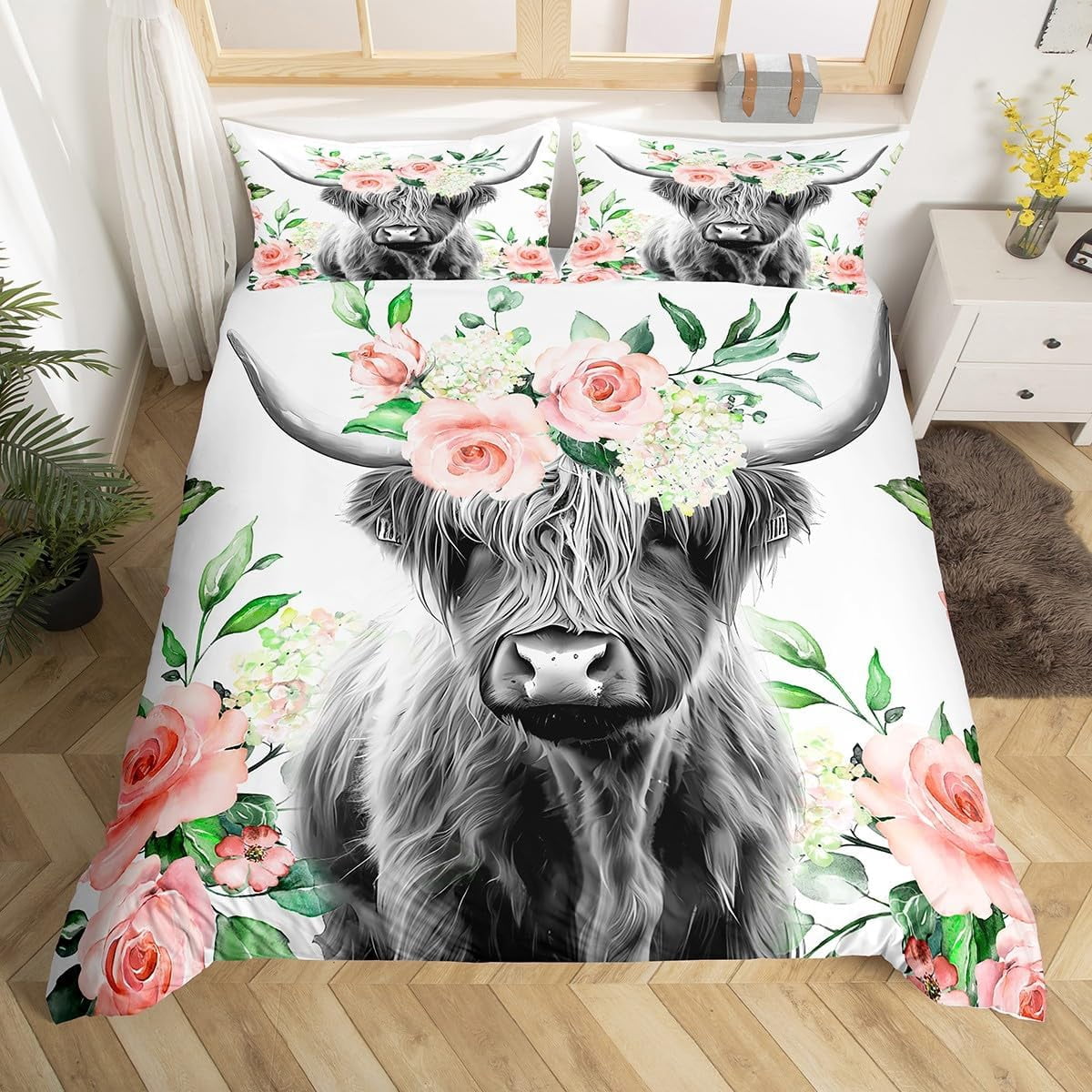Highland Cow Bedspread Coverlet Set - King Size, Quilted Buffalo Check, Farmhouse Animal Print