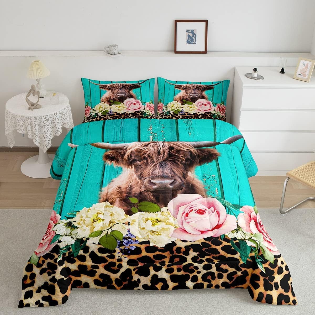 Highland Cow Bedding Set Leopard Floral Comforter Set for Kids Boys
