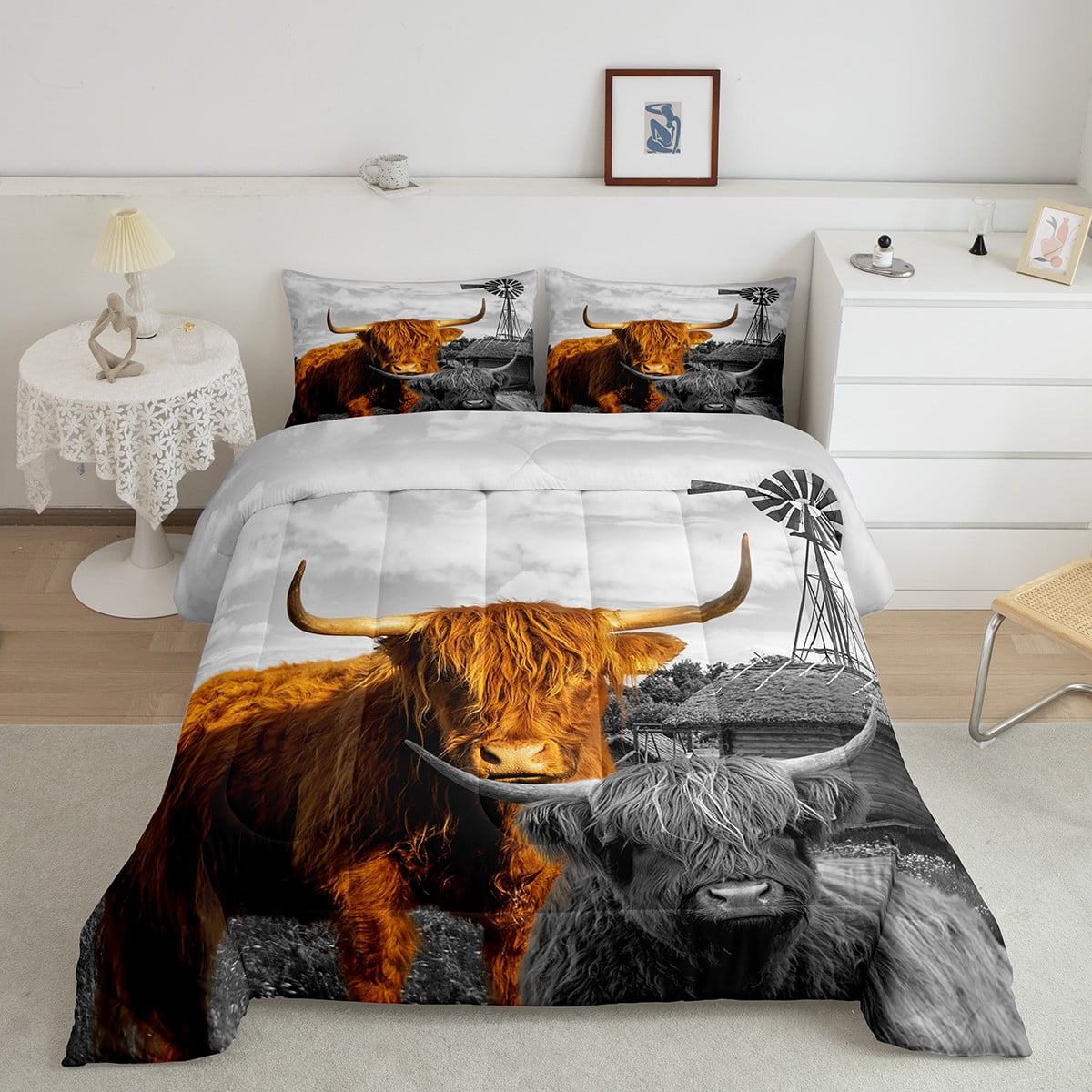 Highland Cow Bedding Set Twin,Garden Windmill Decor Farmhouse Quilt Longhorn Bull Cattle