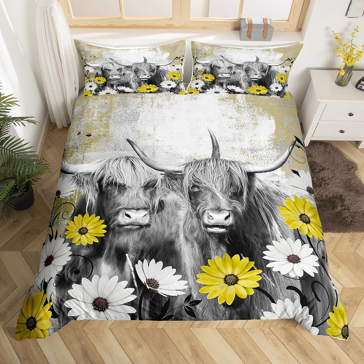 Highland Cow Bedding Set Twin, Western Farmhouse Animals Duvet Cover