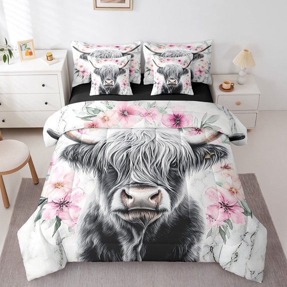 Highland Cow Bedding Twin Size 7Pcs Bed in a Bag,Peach Blossom Printed Microfiber Comforter Set,Animals Botanical Adults Bedding Comforter Sets,Gray Pink Florals Bed Sheets Set