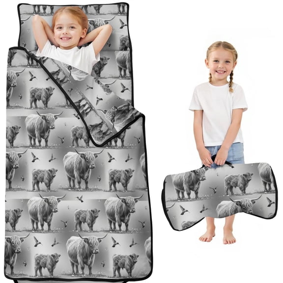 Highland Cow and Bird Print Kids Nap Mat, Preschool Sleeping Pad with Handle & Fastening Straps, Portable with Handle Gifts for Birthday Holiday,50X20in(130X50cm)