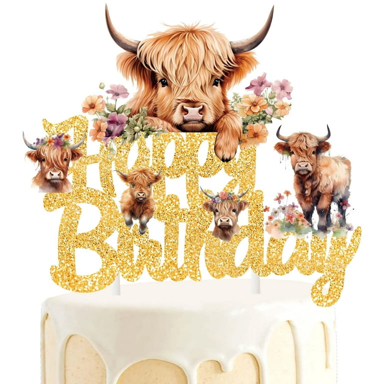 Highland Cow Birthday Cake Topper Gold Glitter Highland Cow
