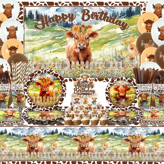 Highland Cow Birthday Decorations - Brown Cow Party Tableware, Plates Cups Napkins Pickle Party Tablecloth Happy Birthday Backdrop Balloons Cake Toppers for Western Farm Animals Supplie Y114