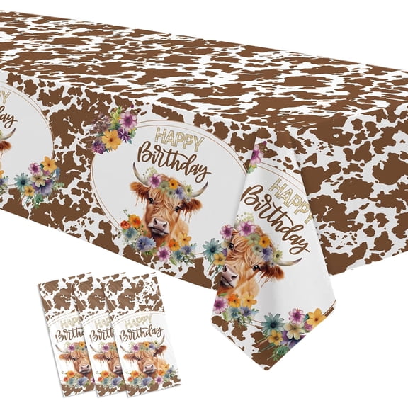 Highland Cow Birthday Decorations Tablecloth, 3 Pack, 86in x 55in | Disposable Floral Boho Holy Cow Highland Theme Party Tablecover Supplies for Western Farm Animals Kids Birthday Baby Shower
