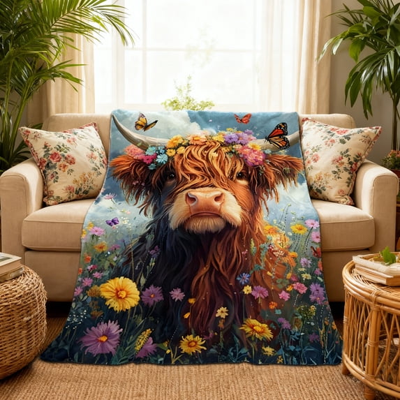 Highland Cow Blanket - 39x59in Soft Fuzzy Flannel Sunflower Blanket - Gift for Women Girls, Couch, Bed, Travel, Office - Multicolor