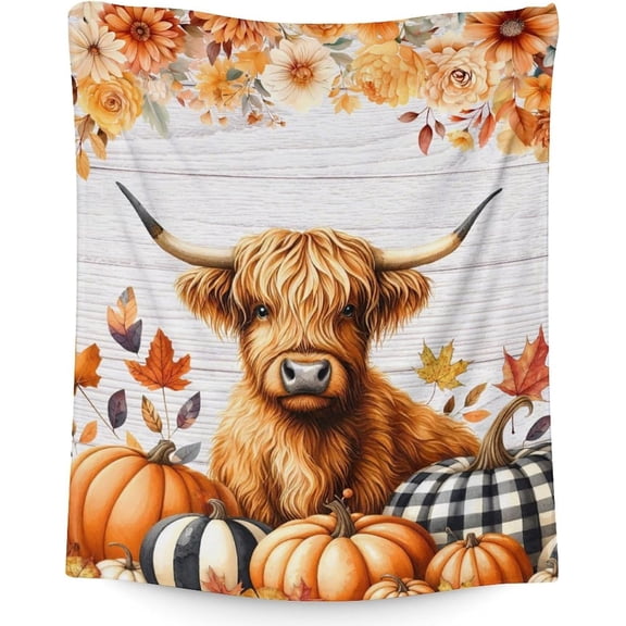Highland Cow Blanket, 40 x 30 Inches Kids Blanket for Children, Cute Highland Cow and Pumpkin Blanket Gift for Girls Women, Pets, Highland Cow Lovers, Orange Flannel Throws for Chair, Couch Sofa