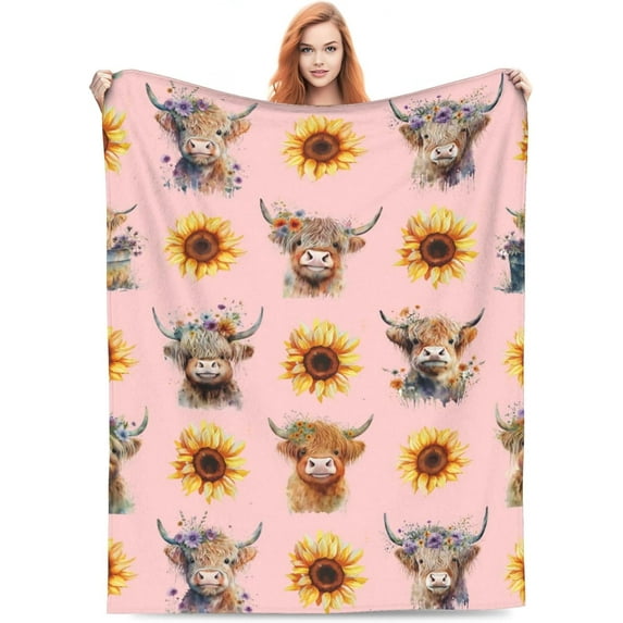 Highland Cow Blanket 50"x60" Yellow Sunflower Cow Throw Blanket Lightweight Cozy Flannel Animal Throw Blanket Bed Couch Sofa Decor Gift for Girl and Women