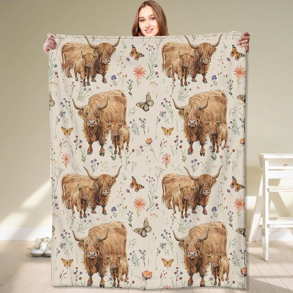 Highland Cow Blanket Butterfly Vintage Cattle and Floral Throw Blankets Gifts for Kids Girls Women Lightweight Soft Fleece Cozy for Sofa Couch Bed Room Birthday Rustic Farmhouse Decor 40x50in