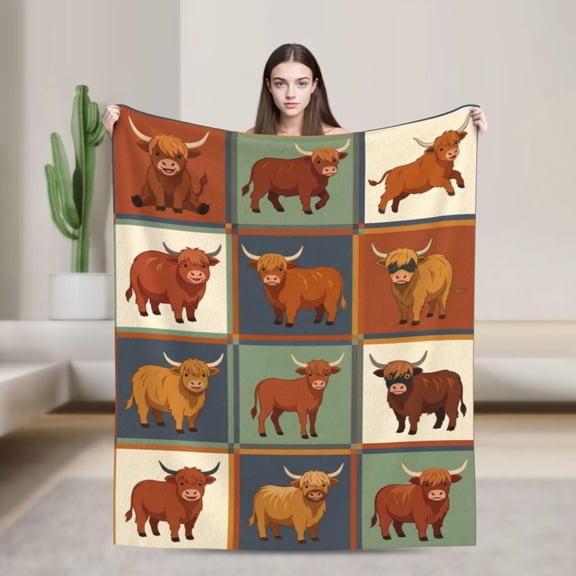 Highland Cow Blanket, Cozy Warm Highland Cattle Print Throw for Living Room Couch 50x40