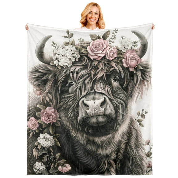 Highland Cow Blanket Cute Cattle with Floral Crown Throw Blankets,Gifts for Kids Adult Women Men,Lightweight Soft Flannel, Sofa Couch Bed Room Decor
