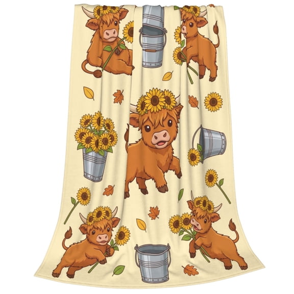 Highland Cow Blanket, Cute Various Poses Sunflower Bucket Design For Sofa Couch Bed, Soft Flannel Home Office Nap Wrap For Relaxing 50x40