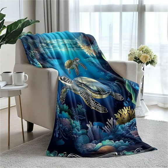 Sea Turtle Print Fleece Throw Blanket, 30x40 Inch Soft Plush, All-Season Cozy Warm Blanket for Couch, Bed, Sofa, Travel