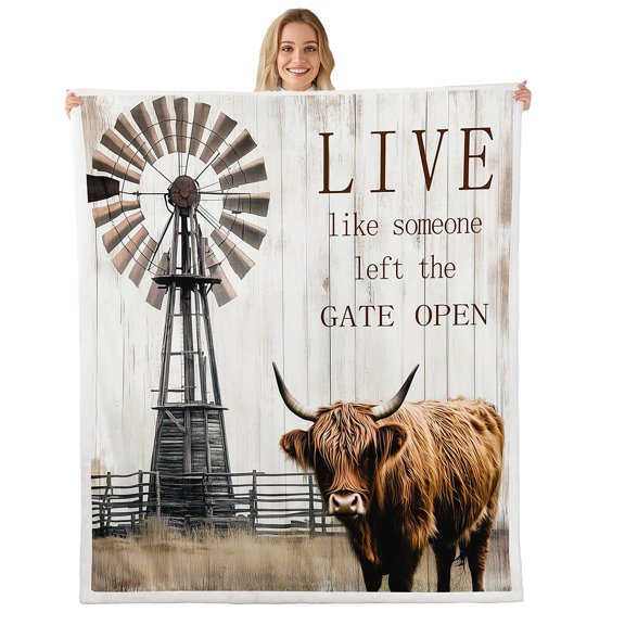 Highland Cow Blanket Garden Windmill Decor Farmhouse Throw Blanket 50"x60",Country Lodge Cabin Fleece Blanket Rustic Cottage Retro Barn Door Blanket,Longhorn Bull Cattle Farm Animals Room Decor