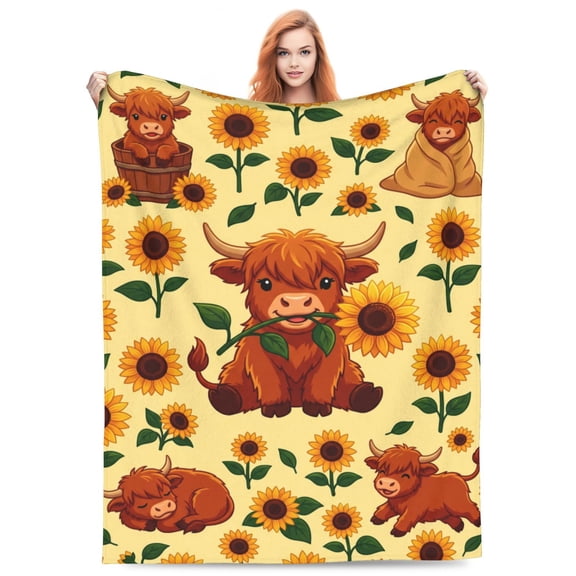 Highland Cow Blanket Gifts , Gifts with Sunflower, Warm Flannel Throw for Couch 50x40