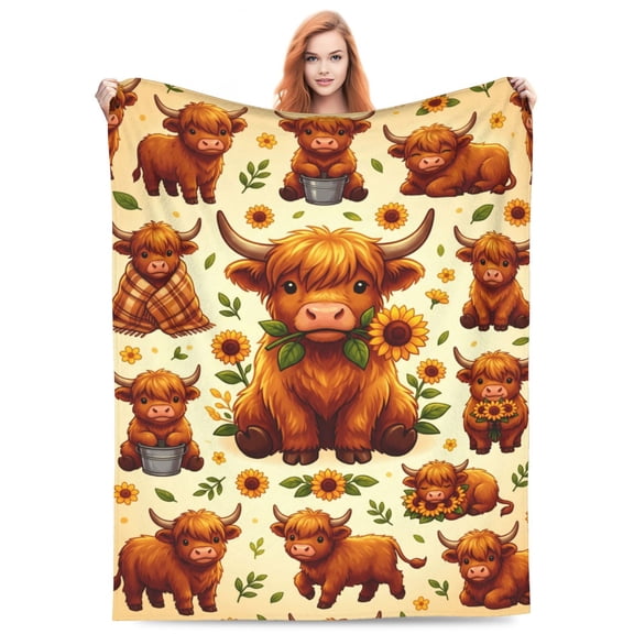 Highland Cow Blanket Gifts , Gifts with Sunflower, Warm Flannel Throw for Couch 50x40
